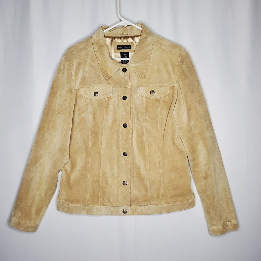 For Joseph Vtg Suede‎ Trucker Jacket Women Large Beige Button Collar Lined